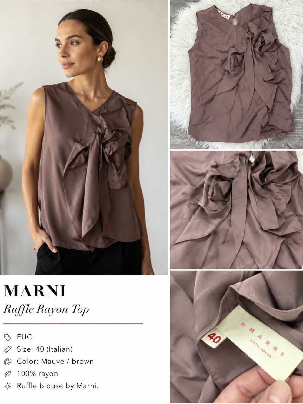 Marni Ruffle Front Silk Look Blouse IT 40 Mauve Brown Designer Statement Top